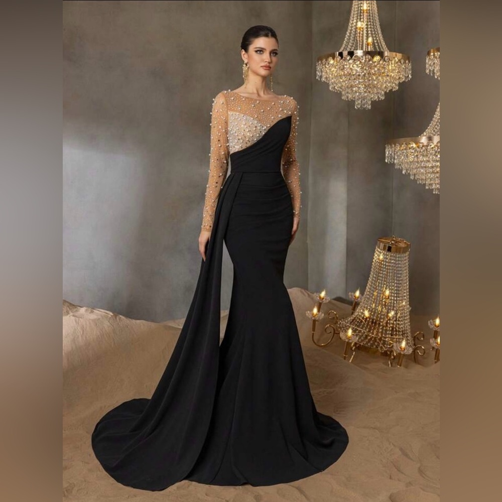 Faeriesty Black Nude Crystal Beaded Mermaid Formal Gown XS